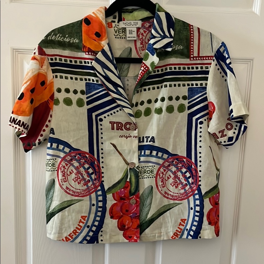Rachel Zoe~ Colorful Cropped Linen Shirt with Graphic Fun Travel Print Size XS